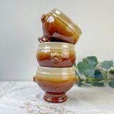 4 speckled two-tone lion head ceramic bowls – Émile Henry style – vintage stoneware made in France