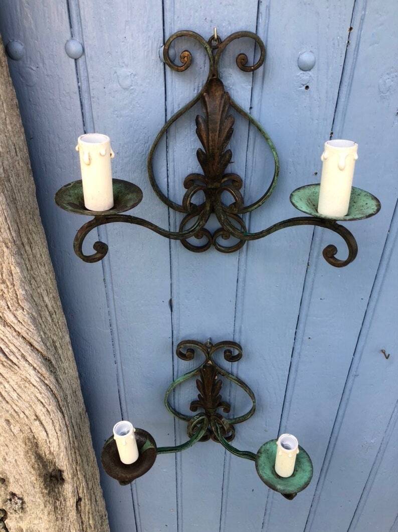 Art Deco Wrought Iron Wall Sconces: French Tole Twin Arm Lights