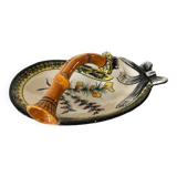 Decorated earthenware dish with handle signed Henriot Quimper