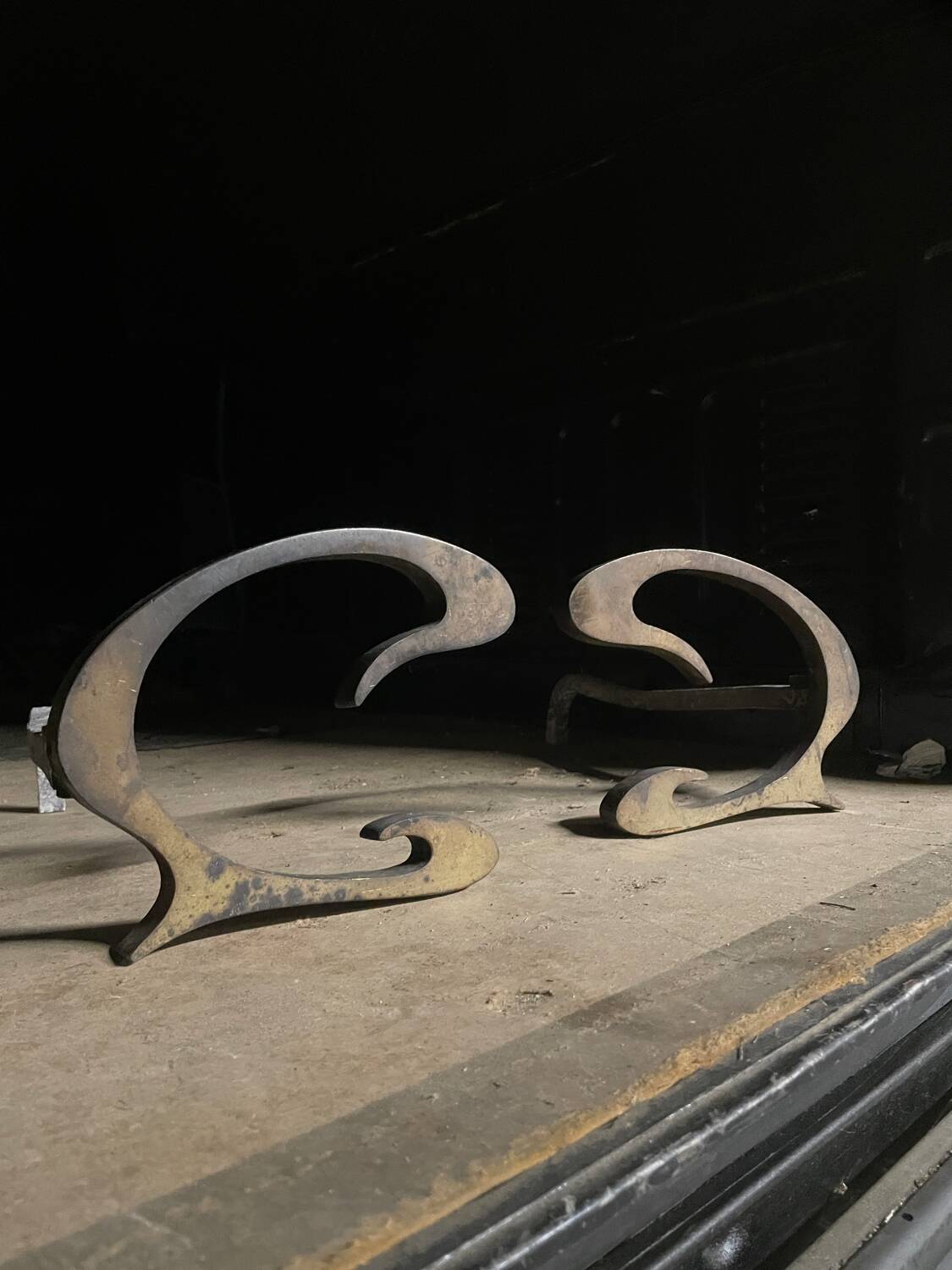1970s steel and brass andirons