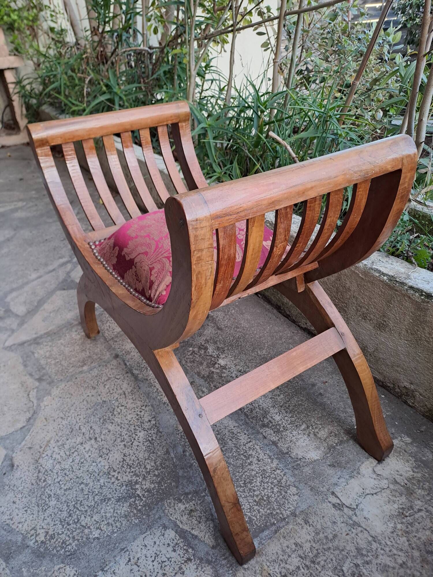 CURULE seat in antique Roman style, restored in teak wood and jacquard satin fabric