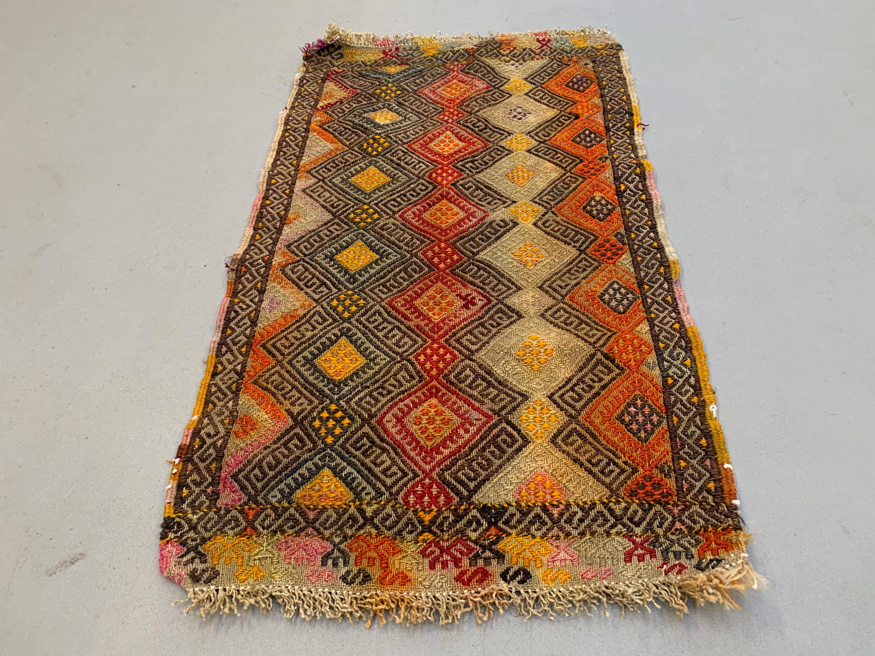 Vintage Turkish Mini Kilim 88x50 cm Wool Small Kelim Runner, shabby Chic