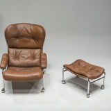 Swedish Lounge Chair and Ottoman in Chrome and Brown Leather by Scapa Rydaholm, 1960s, Set of 2
