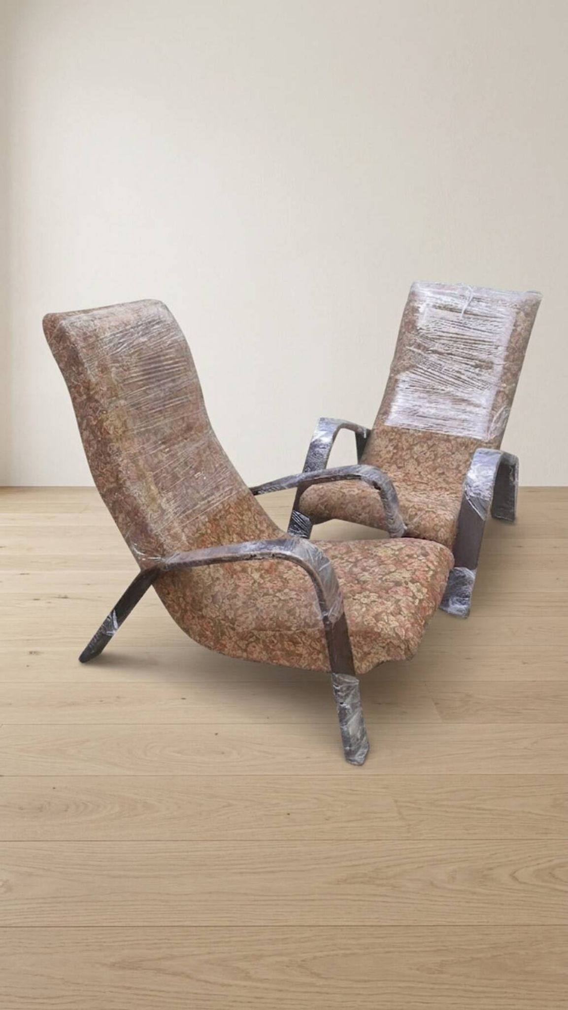 Pair of mid-century woven wood armchairs, 1950s, Czechoslovakia, 68 × 90 × 100 cm