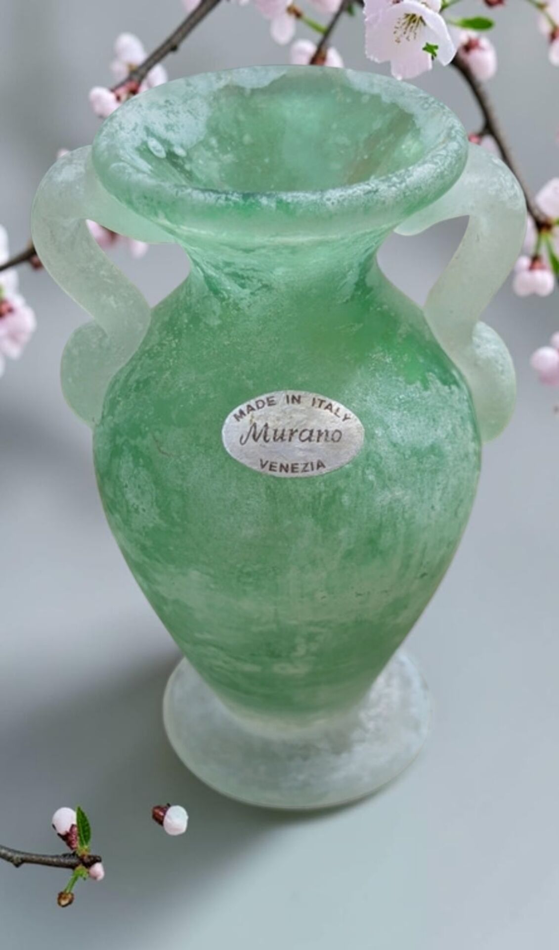 Small green Murano vase with handles – blown glass - "scavo" type