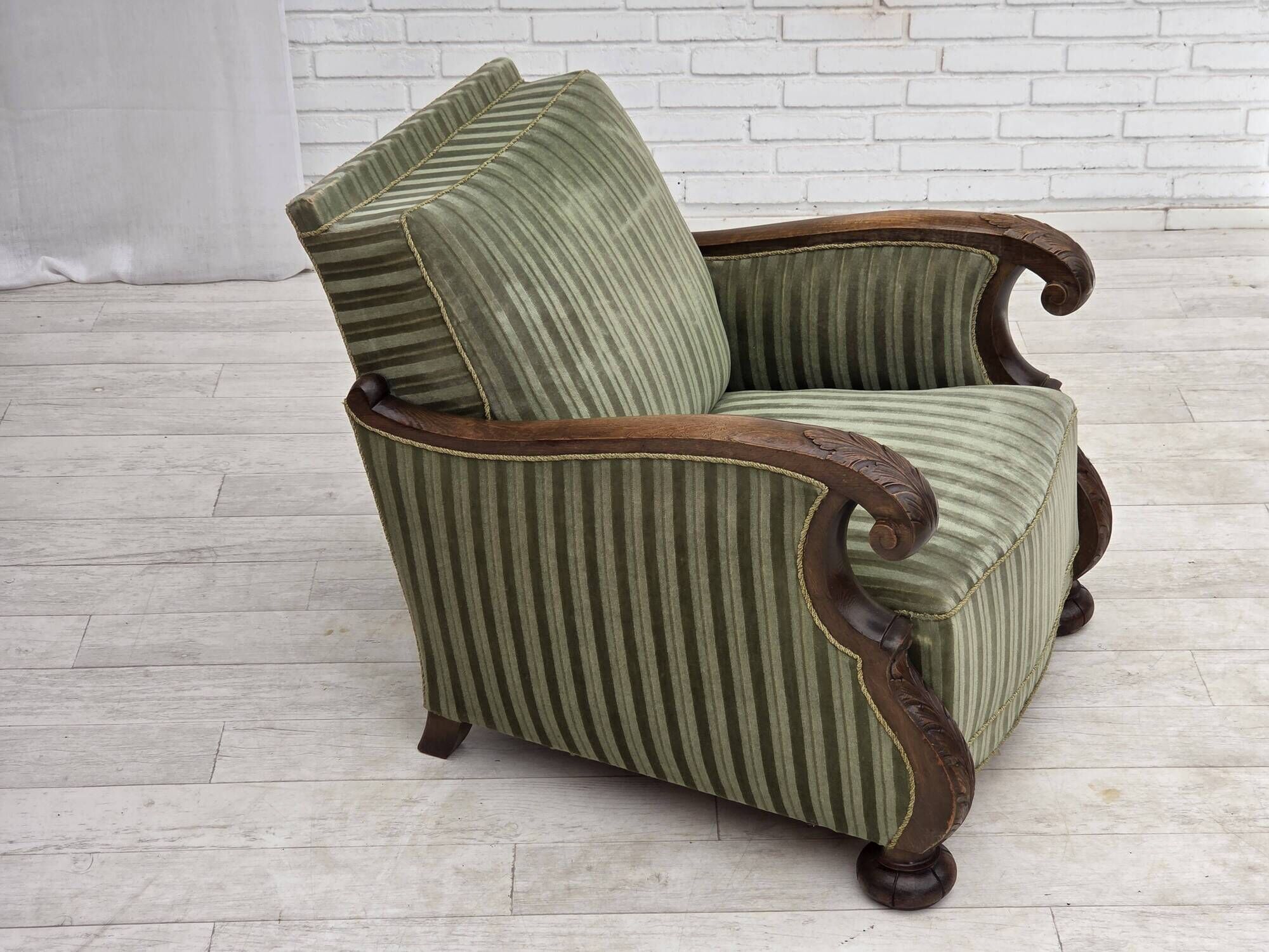 1950s, Danish relax armchair, green furniture velour, carved oak wood.