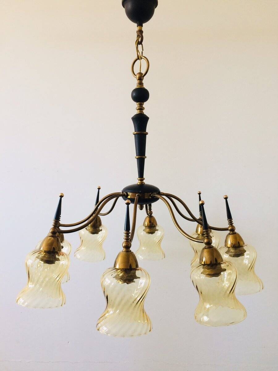 Atomic Age Design Brass and Glass Chandelier, 1950s