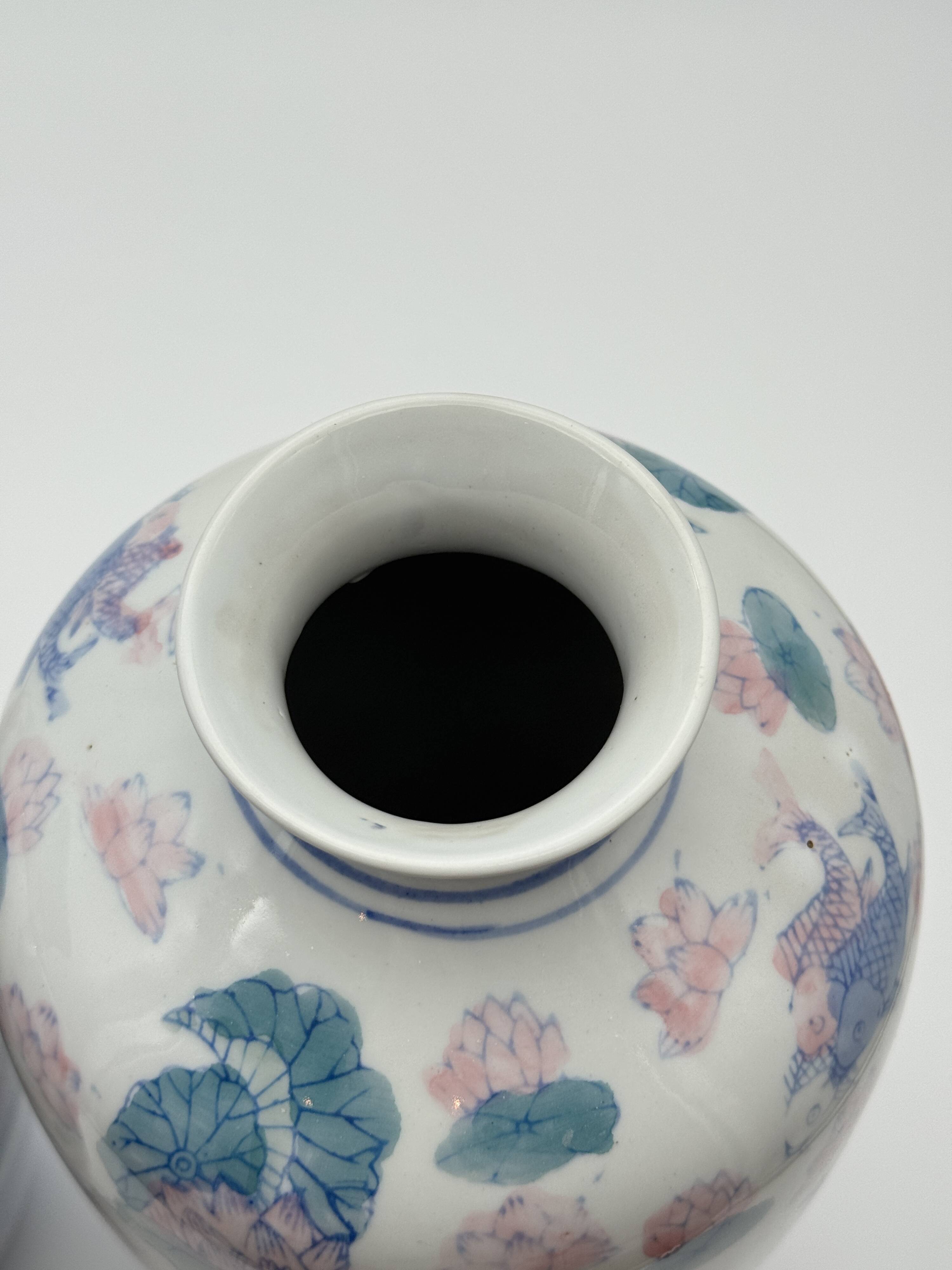 Pair of Baluster Vases Chinese Porcelain - Lotus & Carp - H35cm