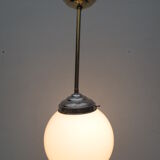 Old hanging lamp, brass stem and white opaline globe