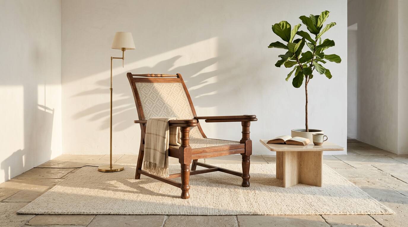 Vintage armchair in solid wood and geometric weaving – lodge spirit