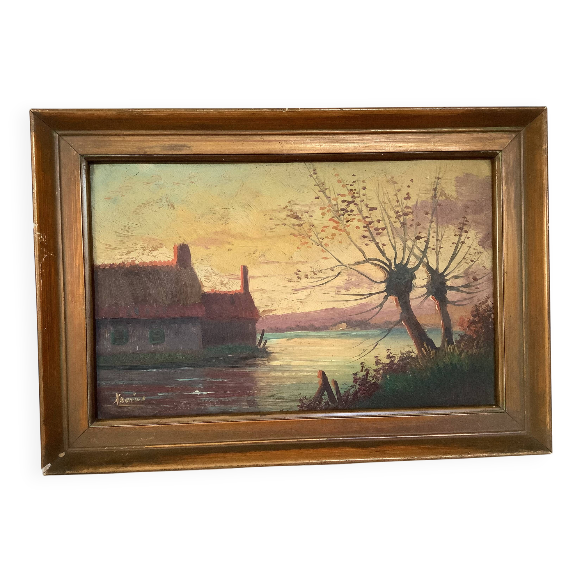 Small autumn landscape painting signed