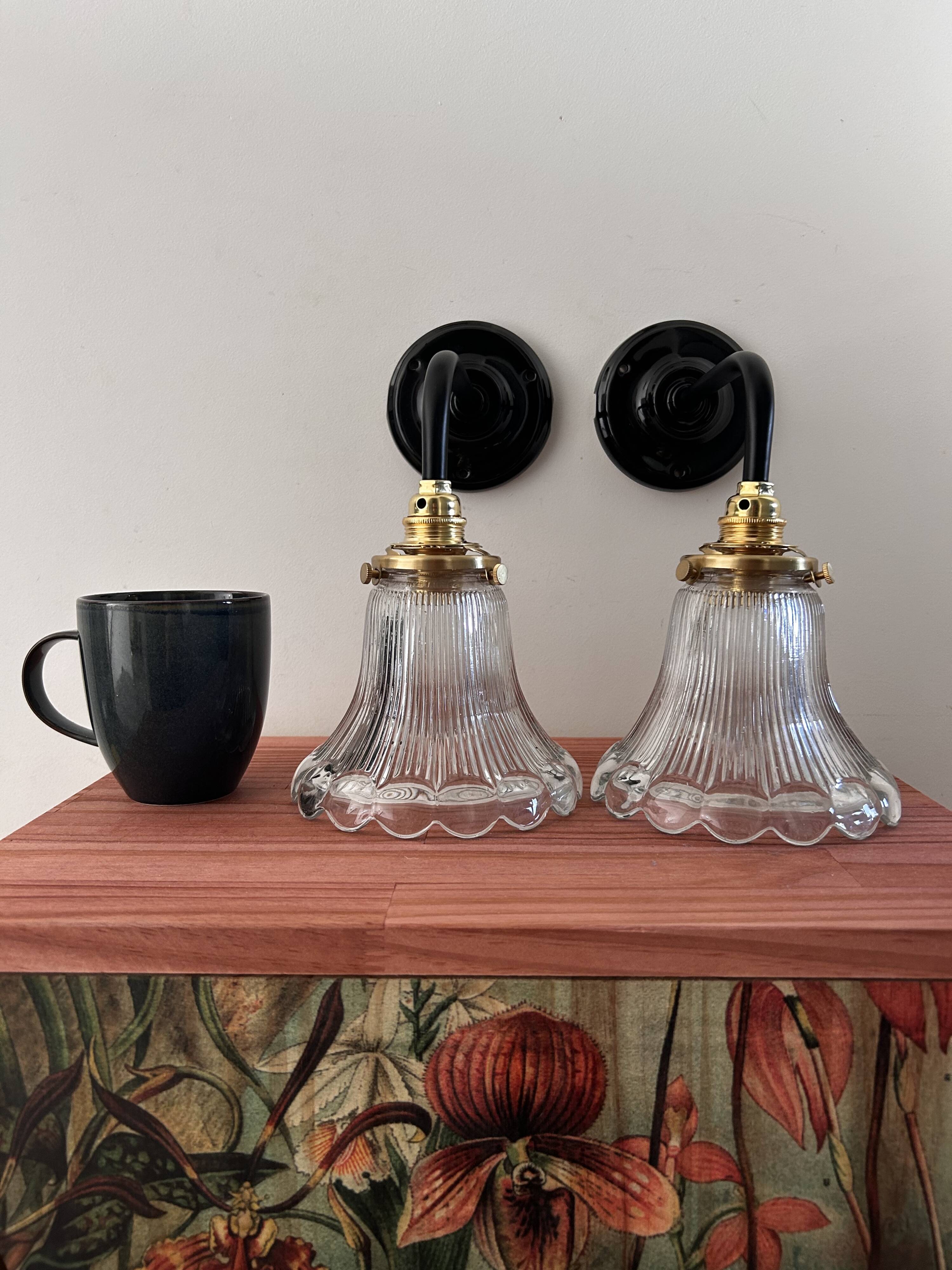 Pair of holophane glass wall lights