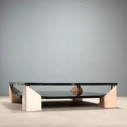Vintage coffee table in pink marble and lacquered wood, 1970s design.