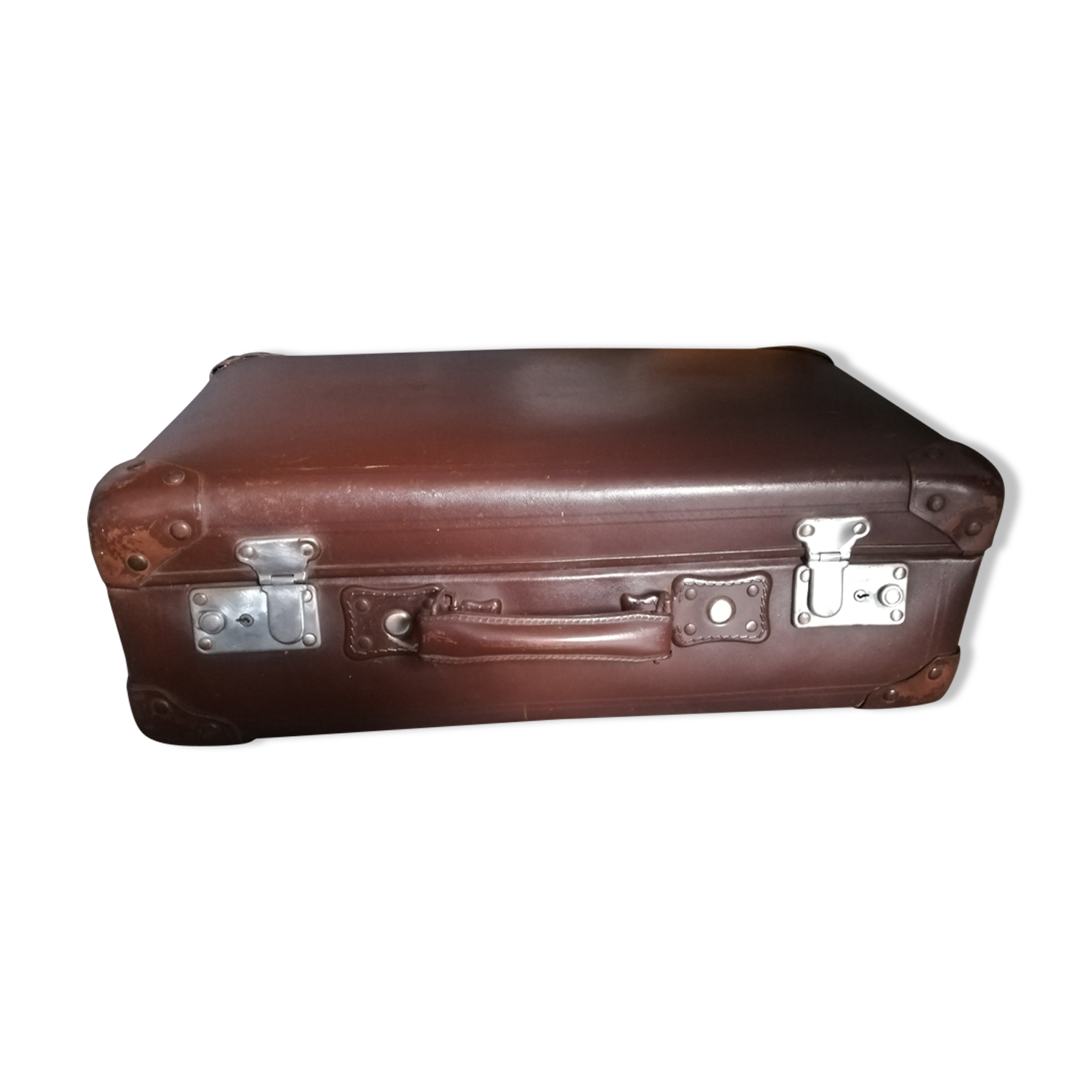 Valise Ancienne En Similicuir Marron - Aspect Vieilli - Solide Et Fonctionnelle