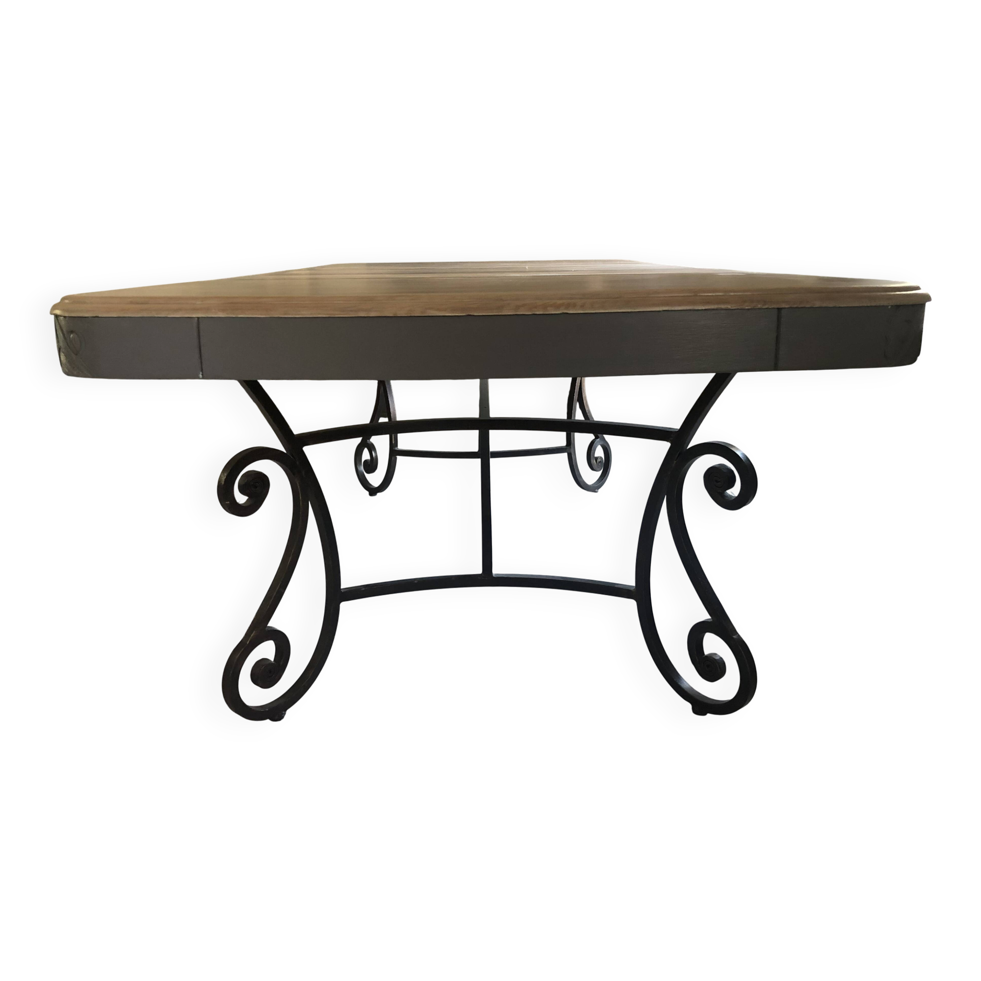 Large wooden and wrought iron dining table, 220 cm