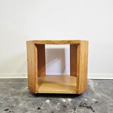 80s Octagonal Wood Accent Table with Glass Top on Casters