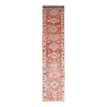 3x13 Faded Somon Distressed Hanmade Rug, Vintage Turkish Runner, 84x390Cm