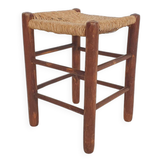 Mid-century wooden stool with rattan seating