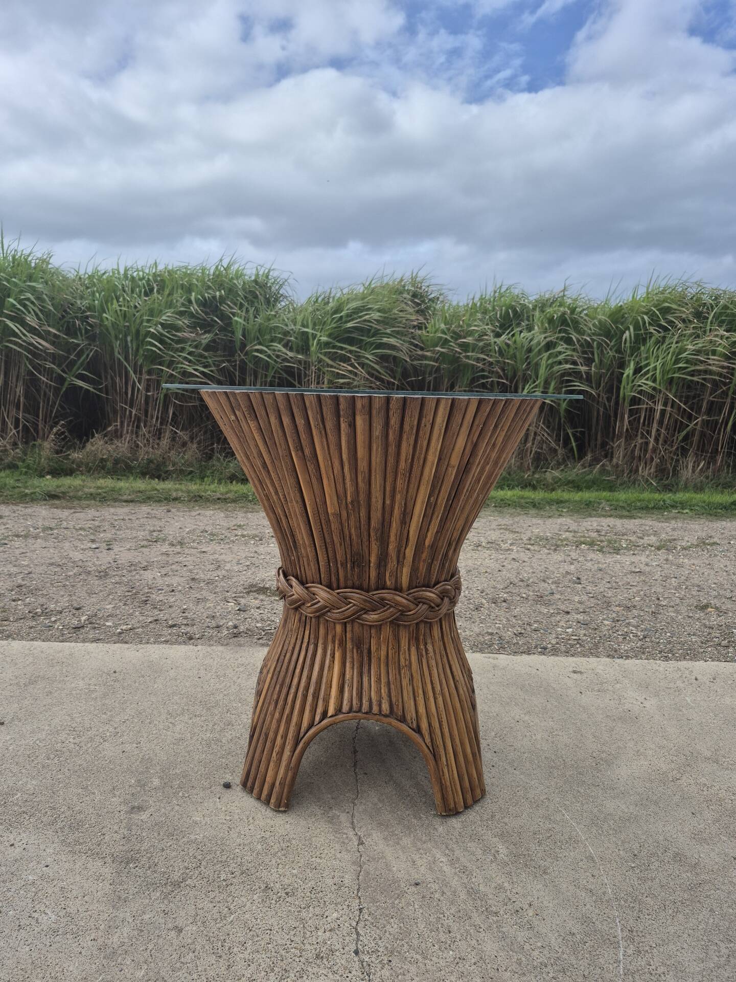 Sheaf of wheat bamboo dining table glass top McGuire 1970s