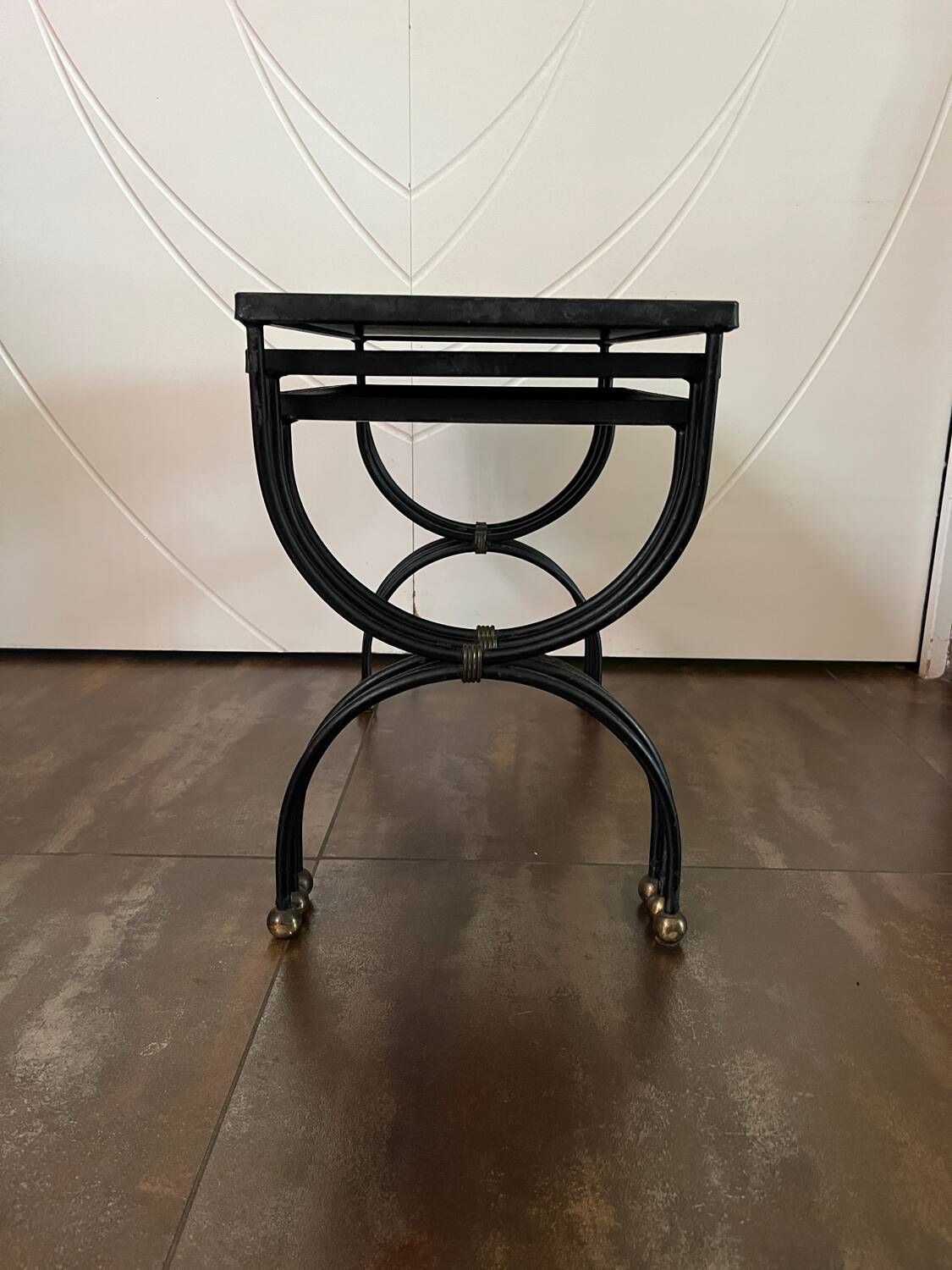 3 nesting tables 1950 Jean Royère wrought iron black opaline vintage