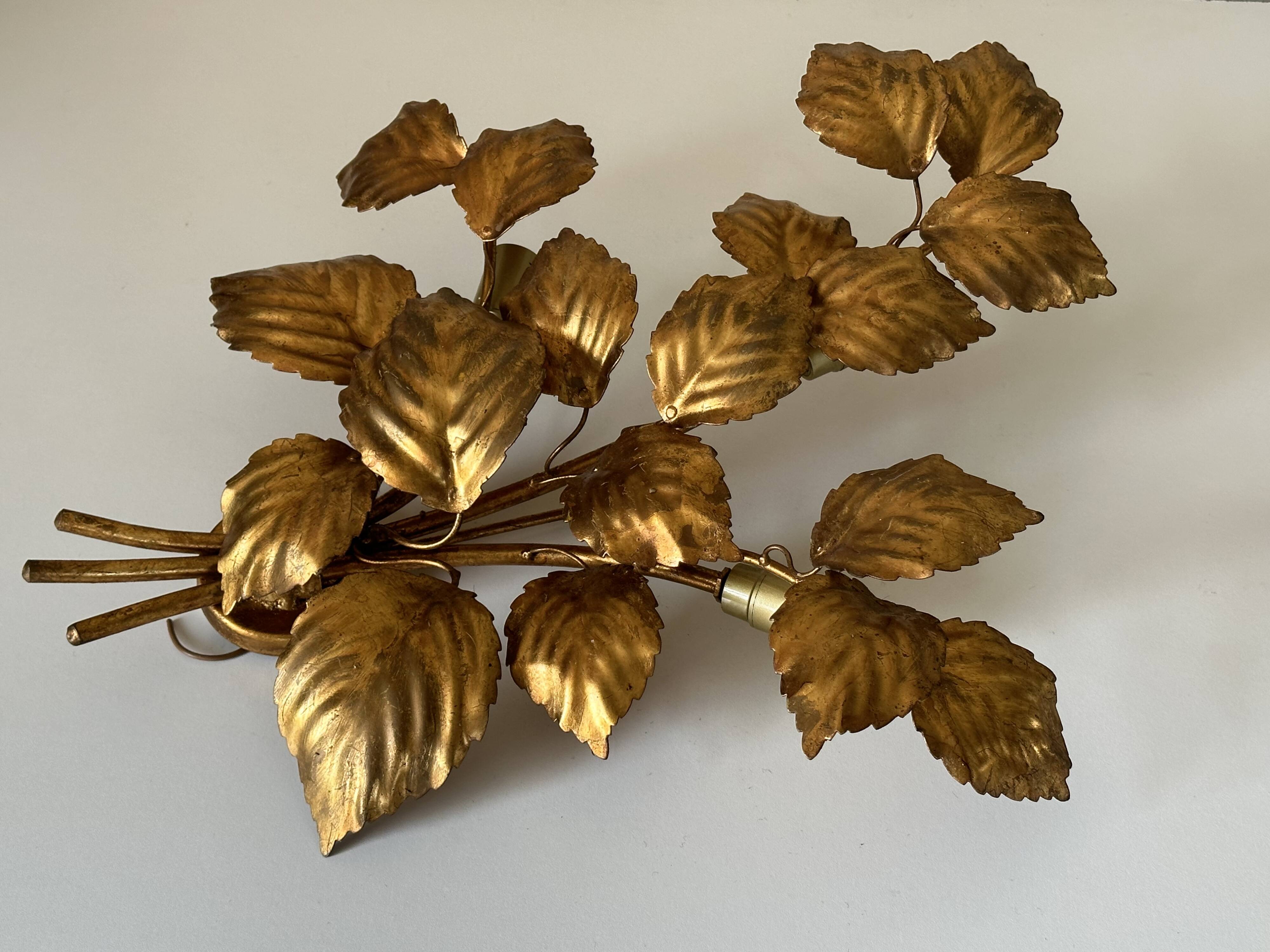Large golden leaf wall lamp vintage design 70s
