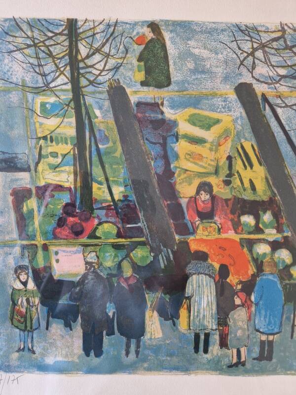 Lithographie en couleurs, Scène de marché, Nathalie Chabrier (née en 1932)