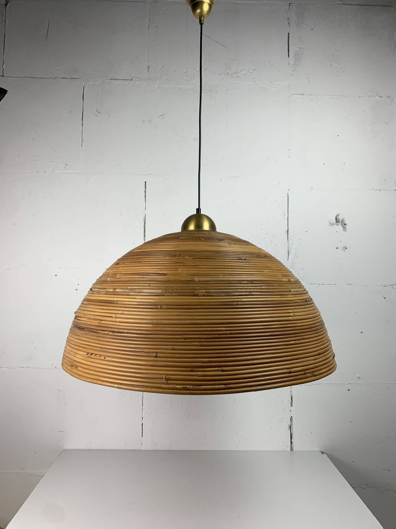XL 71 cm Pencil Reed, Rattan, Bamboo and Brass Pendant Hanging Lamp, Italy