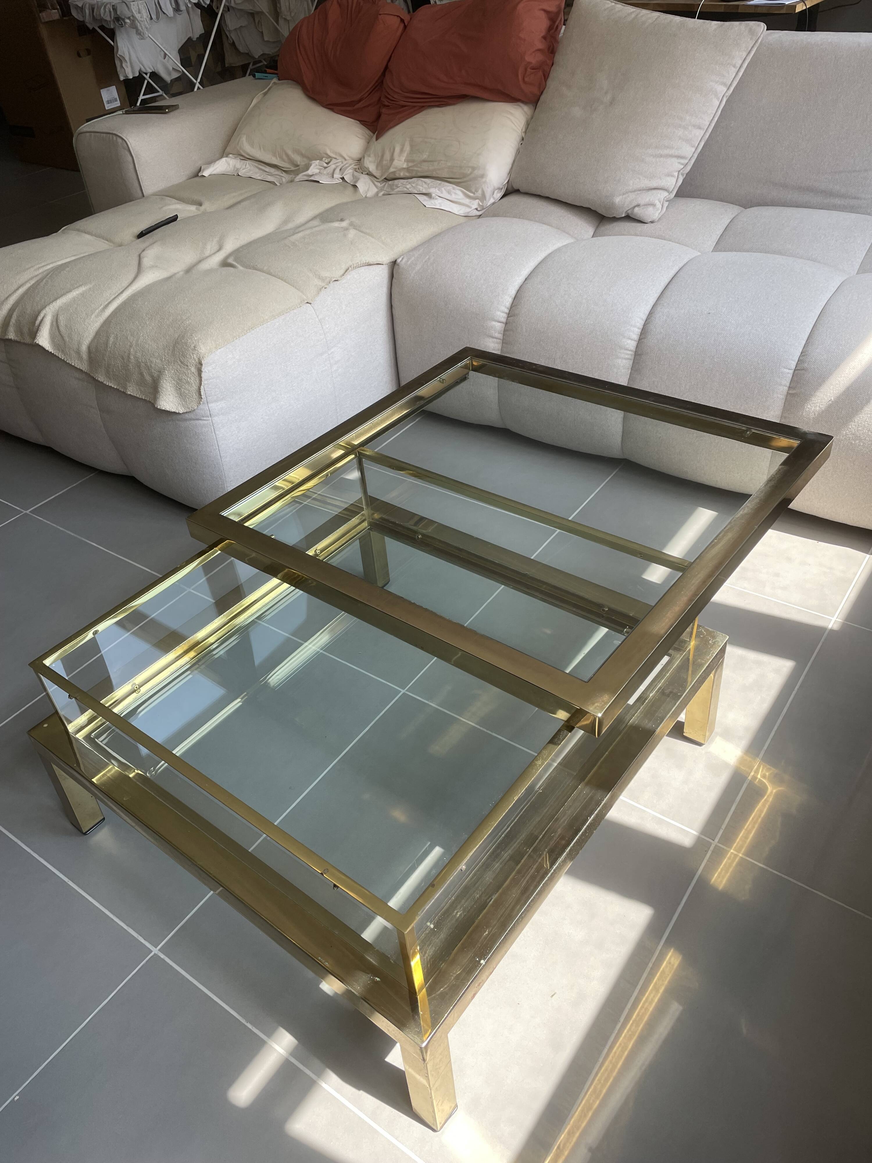 Vintage 1970s coffee table brass chrome Maison Jansen style with a top cover.