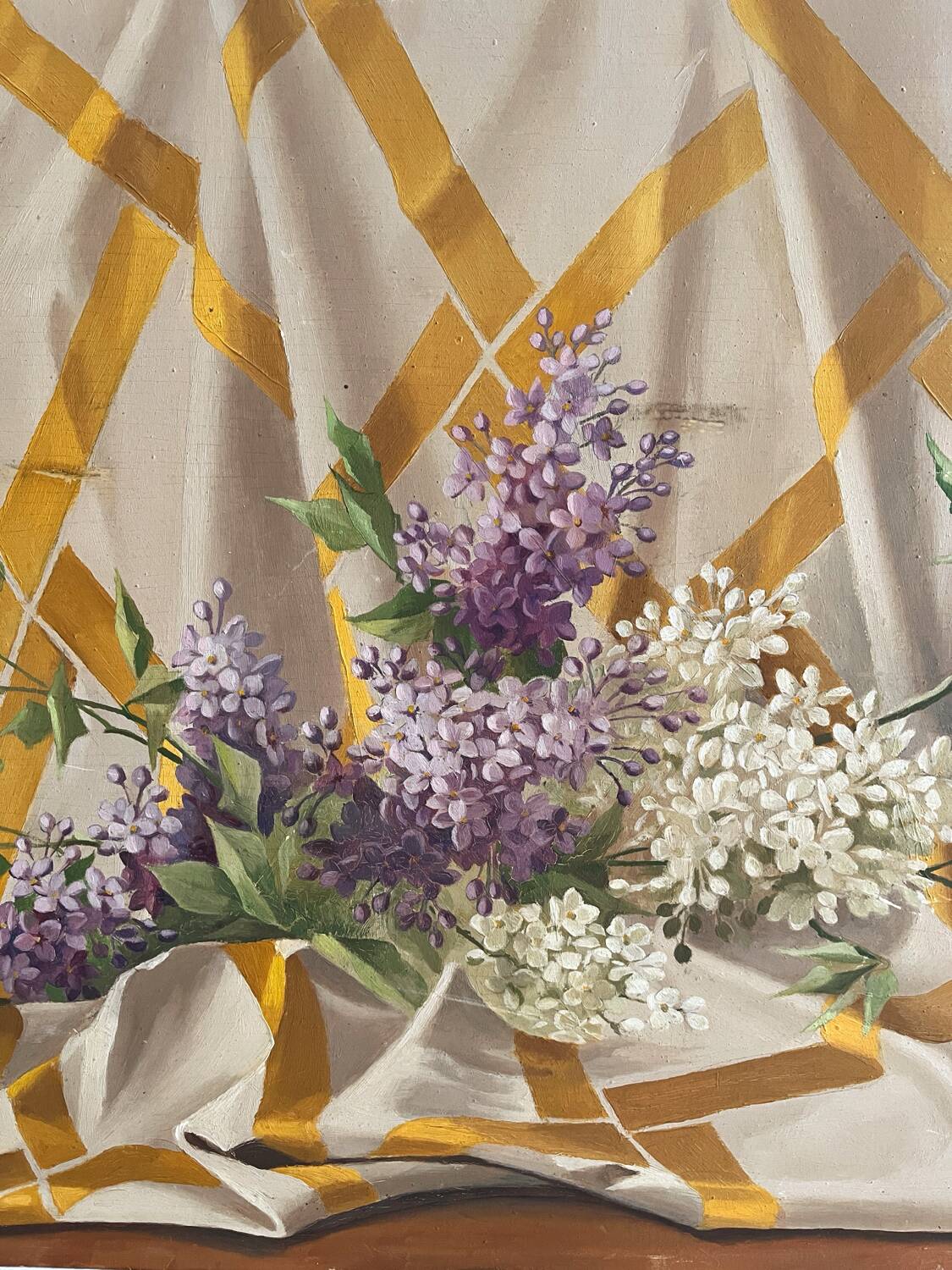 Old painting, oil on wood, lilac flowers on drapery by Sarret.