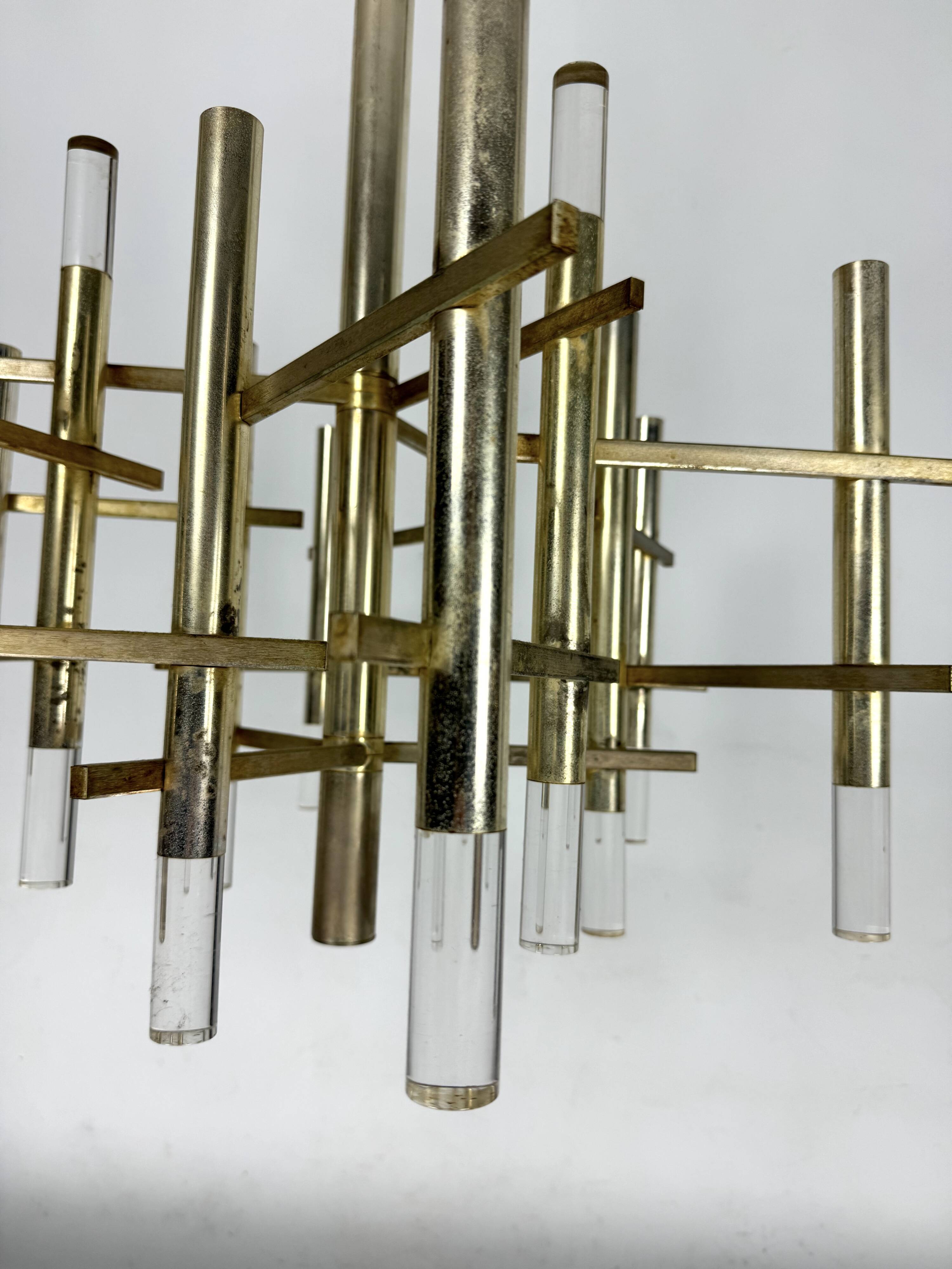Sciolari 9 lights slight gilded chrome and perspex Chandelier model Ice, Italy 60s