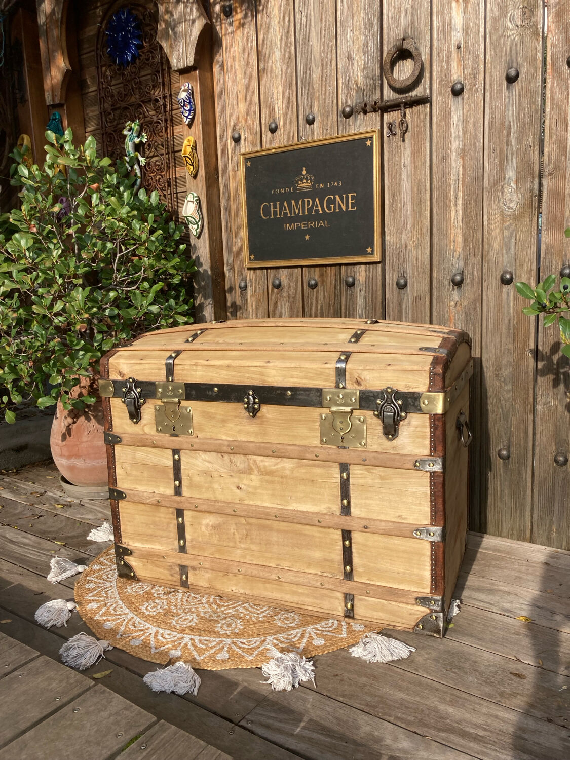 Exceptional curved leather/brass box with beautiful restored clasps.