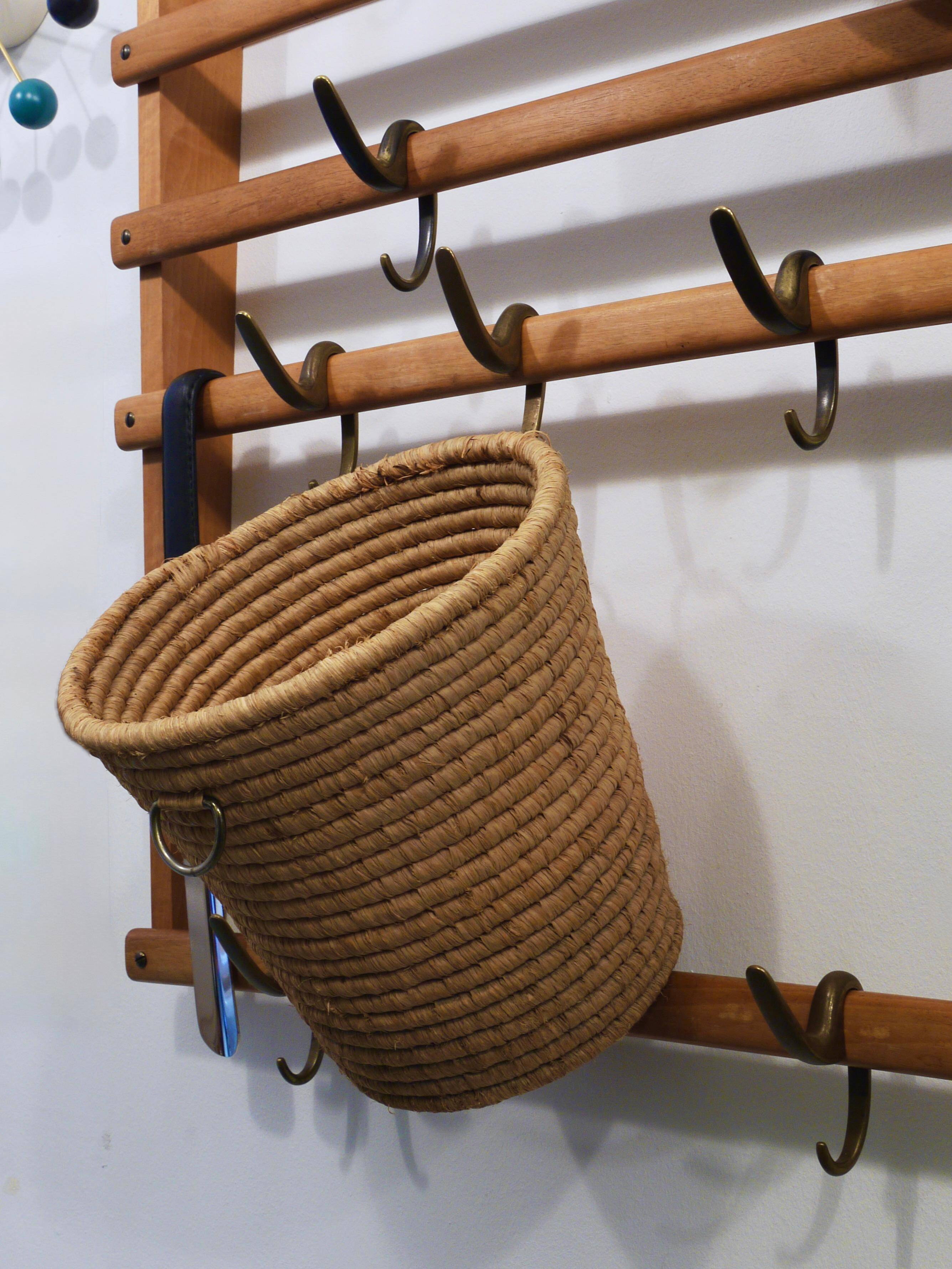 Carl Auböck II paper basket in raffia and brass, umbrella stand, 1950s