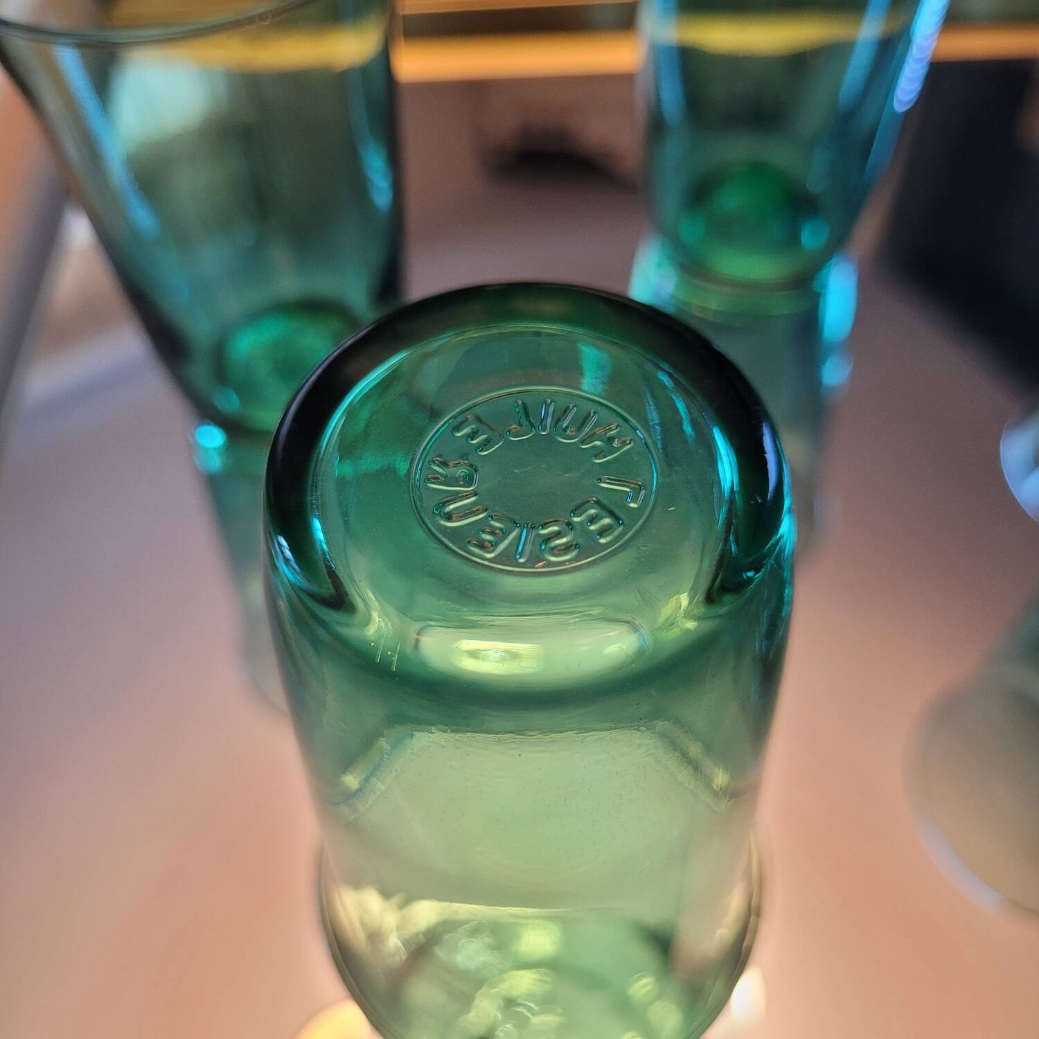 6 green glasses stamped LESIEUR – vintage 60s/70s