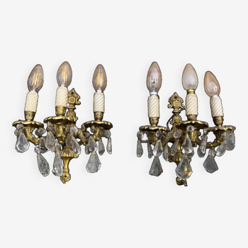 Pair of bronze and crystal wall lights