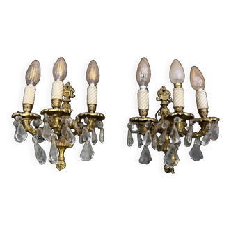 Pair of bronze and crystal wall lights