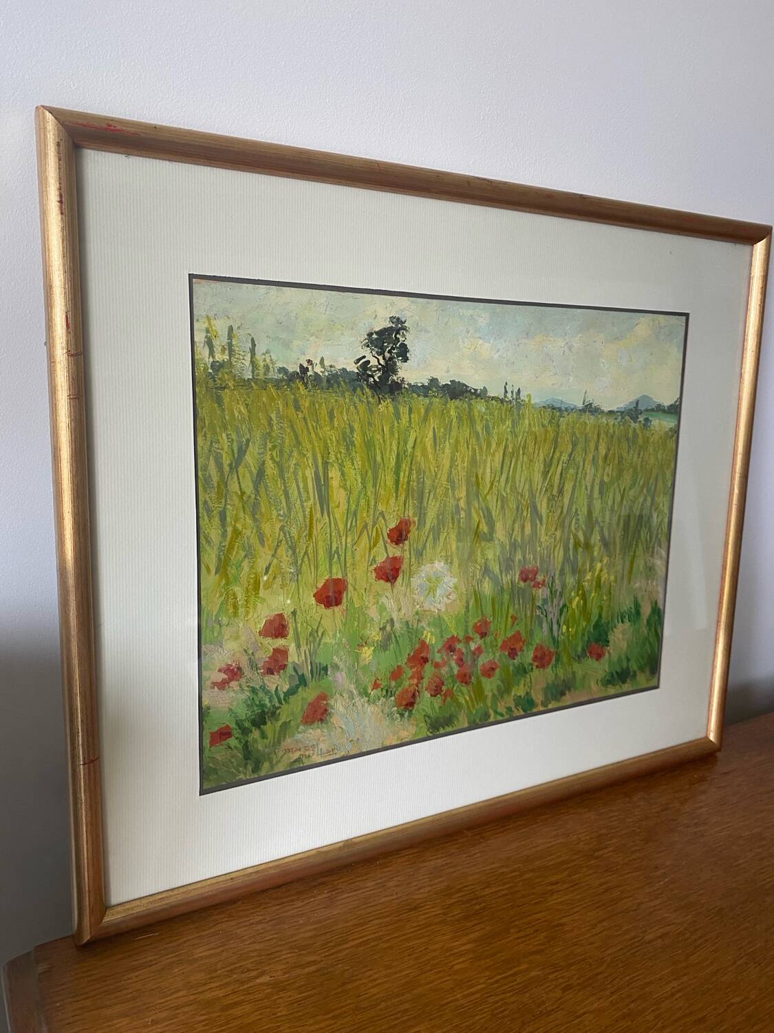 Oil painting on paper by marcel juillard, poppy fields, wooden frame