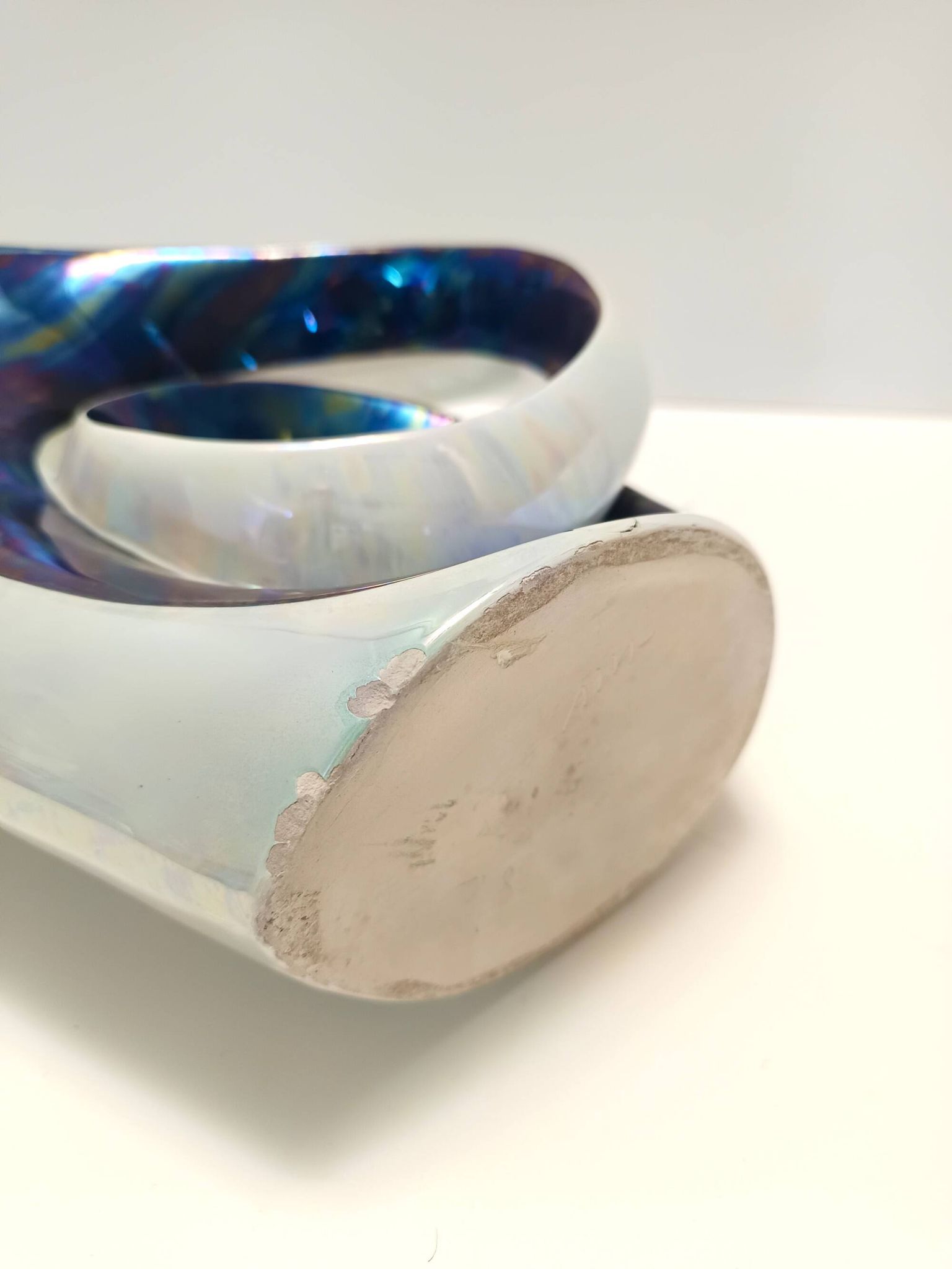 White and Iridescent Blue Ceramic Vase / Centerpiece by Lusso, Italy
