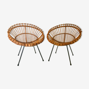 Pair of rattan armchairs, italy 60s