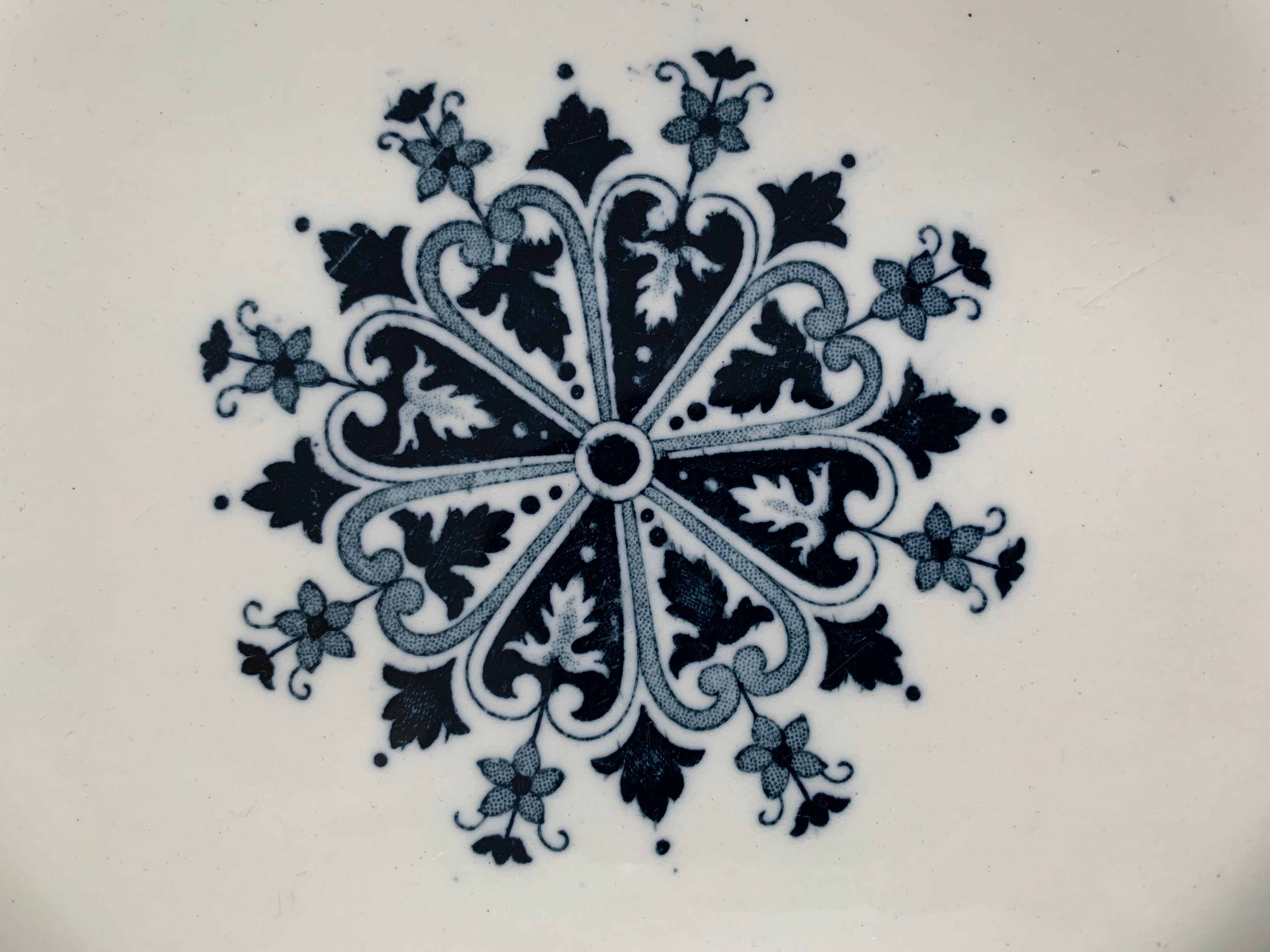 Lot of 12 old flat plates and 2 dishes, Terre de fer Henri II Salins