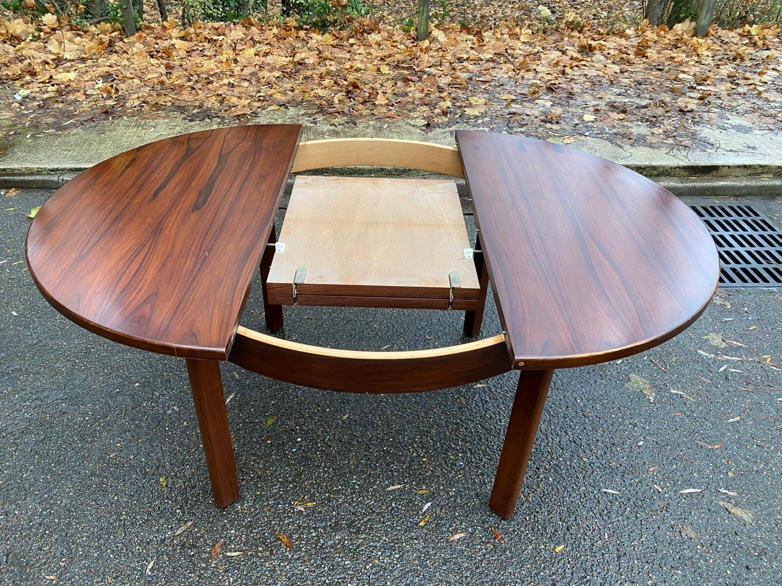 Scandinavian dining table and 4 Hans Olsen style chairs in teak and velvet.