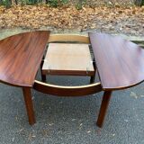 Scandinavian dining table and 4 Hans Olsen style chairs in teak and velvet.