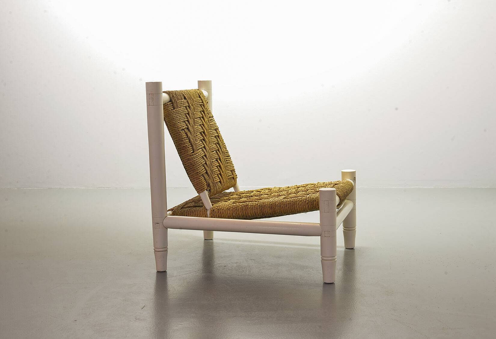 Charlotte Perriand Style Low Seat White Wicker Oak Lounge Chair and Stool