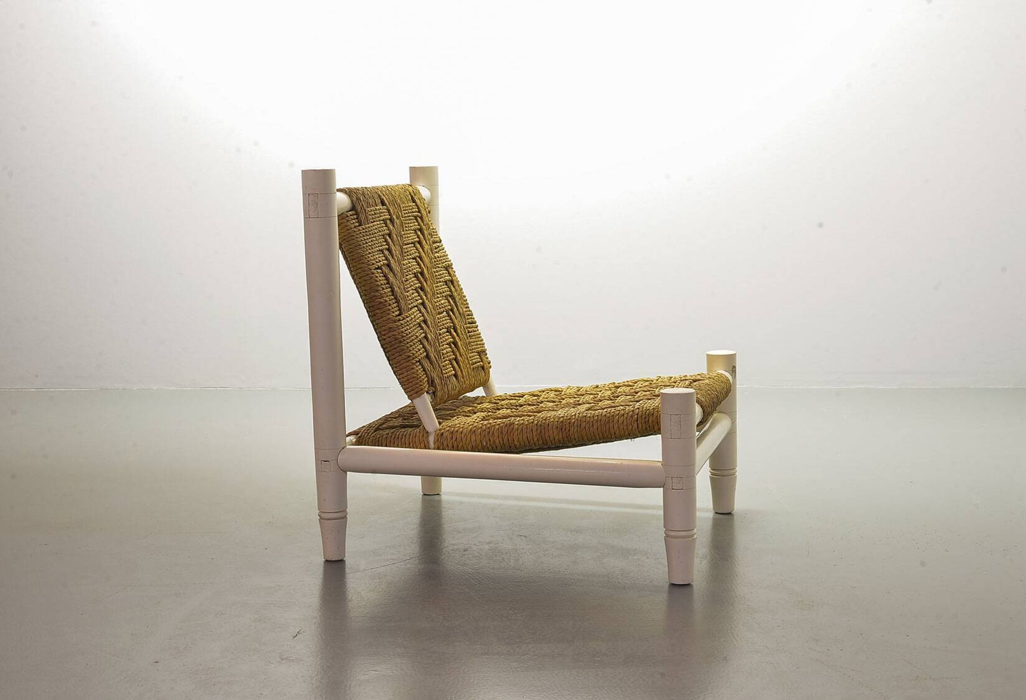 Charlotte Perriand Style Low Seat White Wicker Oak Lounge Chair and Stool