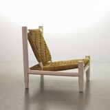 Charlotte Perriand Style Low Seat White Wicker Oak Lounge Chair and Stool