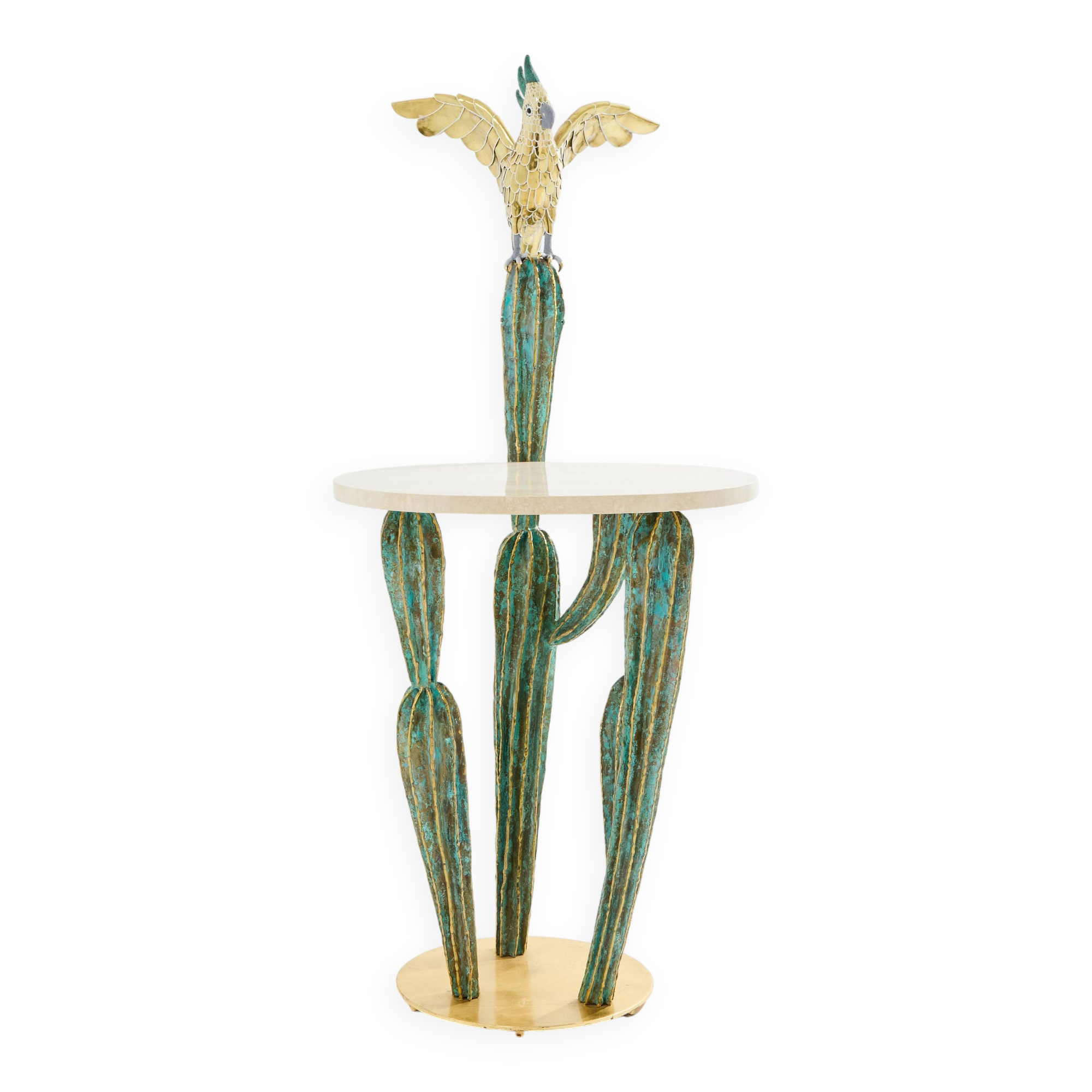 Console sculpture laiton cactus et perroquet Alain Chervet 1989