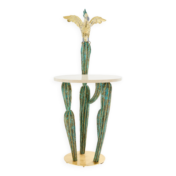 Console sculpture laiton cactus et perroquet Alain Chervet 1989