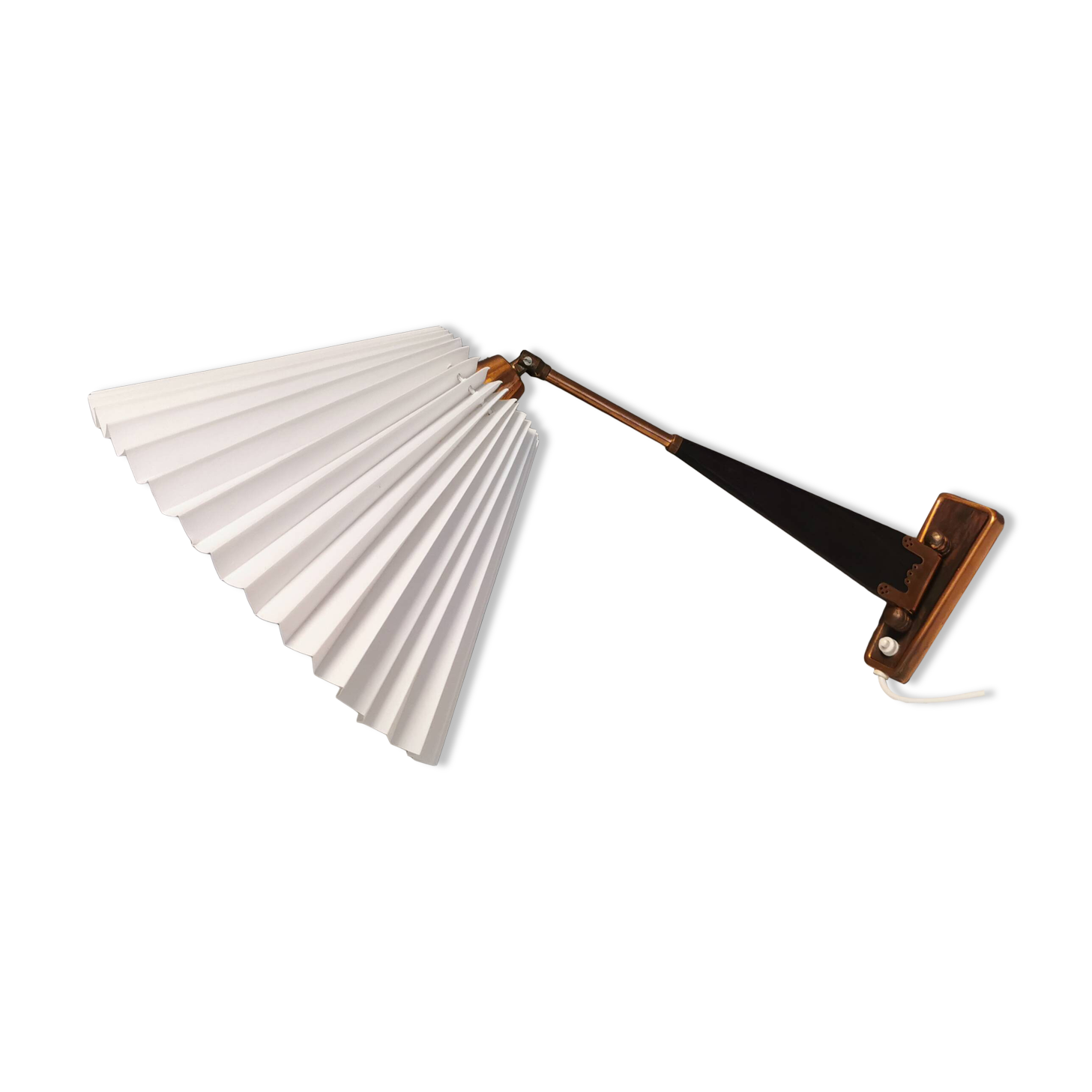 Wall lamp with adjustable ‘arm’ in copper and rosewood, with white shade.