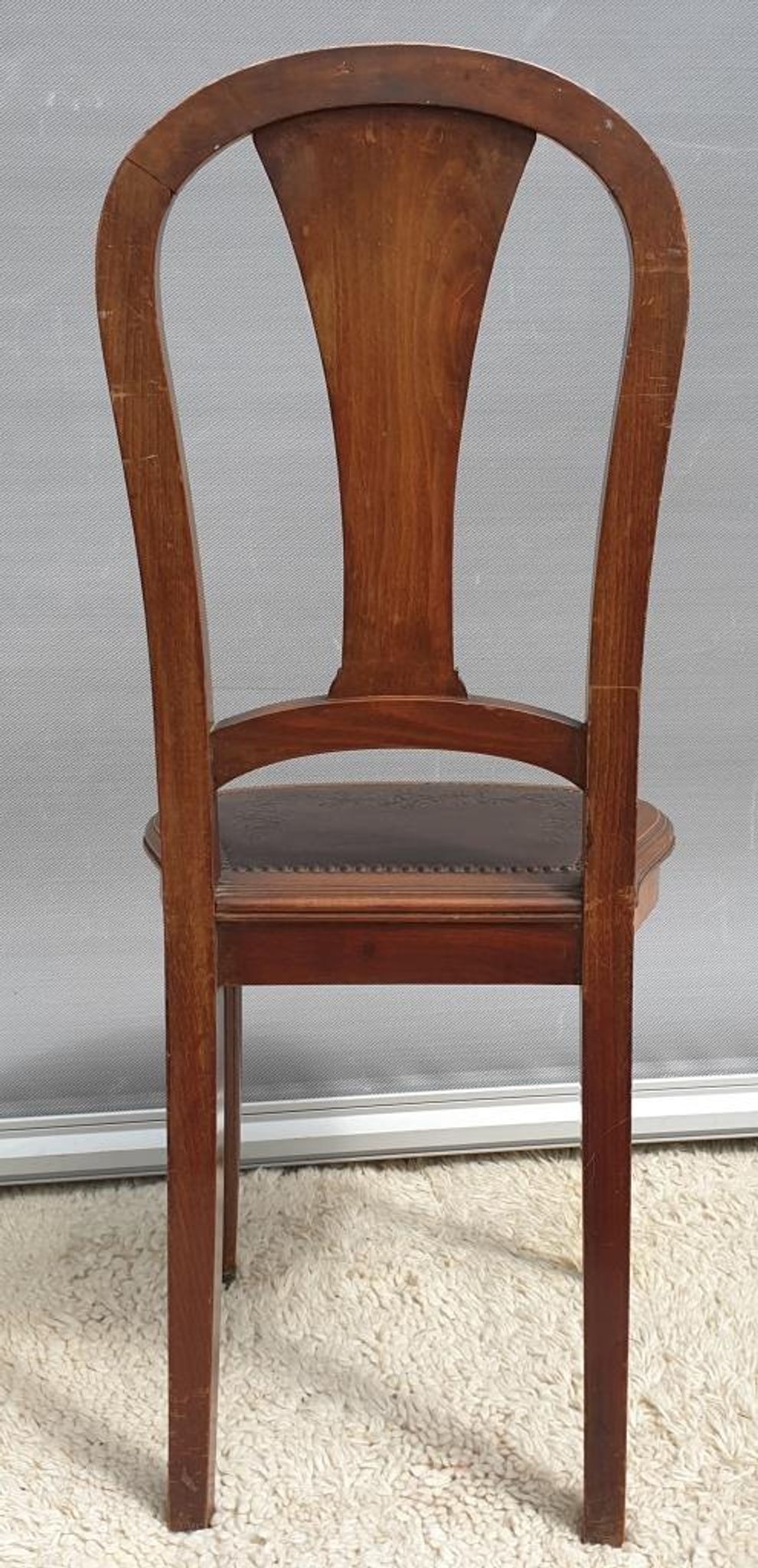 Lot 6 Art Deco chairs in Walnut style Louis XVI seat leather decorated with roses