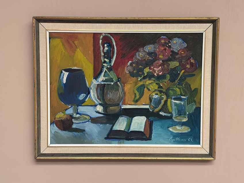 Huile sur toile originale suédoise – « Livre et fleurs » par Eyvind Olesen – cadre vintage