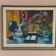 Huile sur toile originale suédoise – « Livre et fleurs » par Eyvind Olesen – cadre vintage
